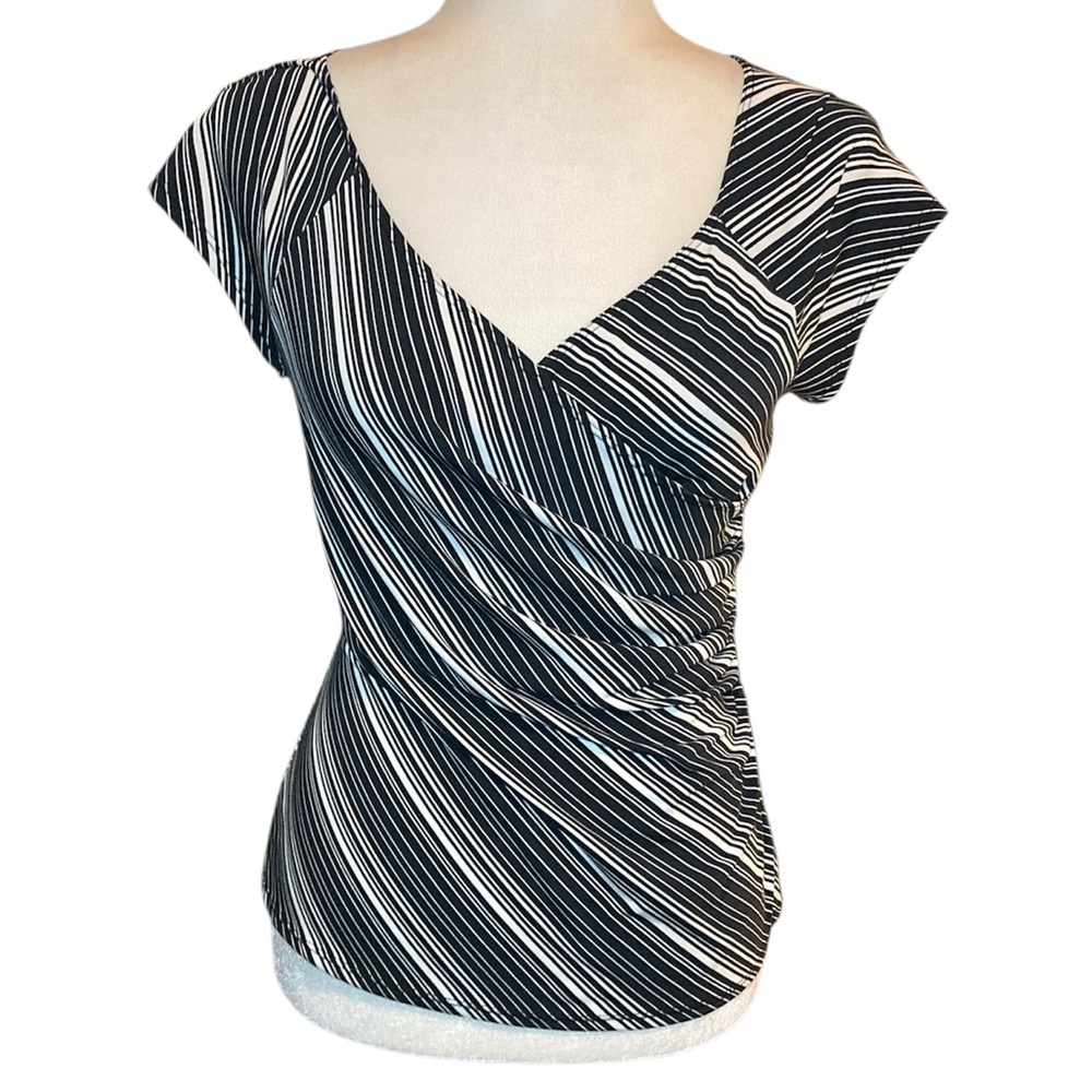 Xhilaration Black and White Wrap Blouse with Cap Sleeves